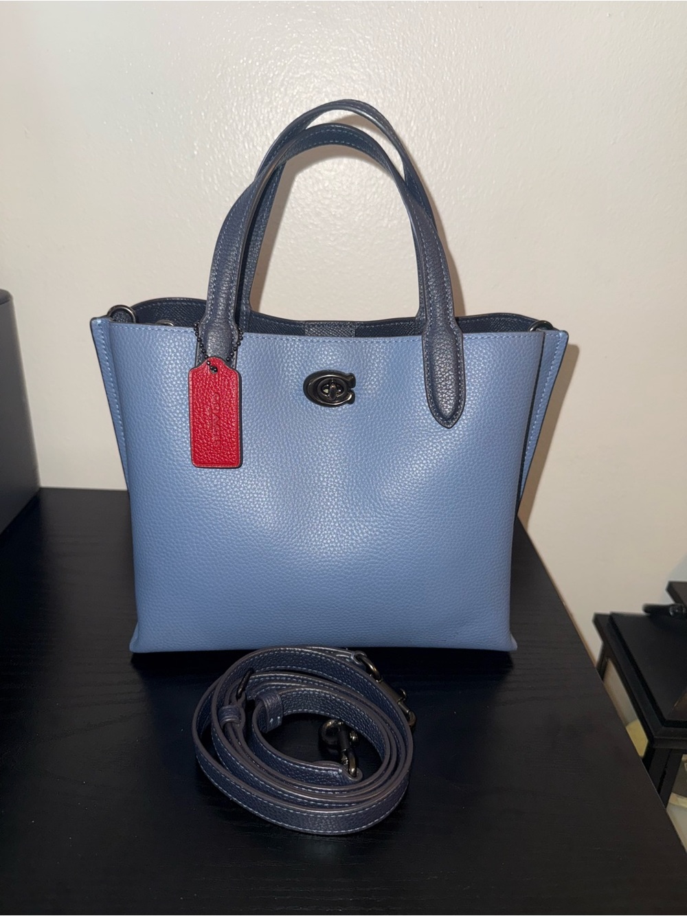 Coach Willow Tote 24 Pebbled Leather in Light Blue with Red Tag